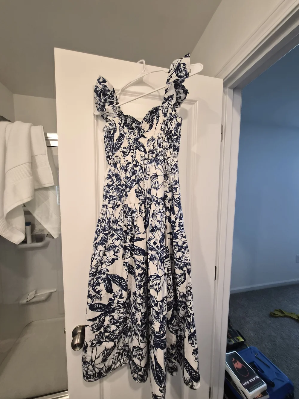 Floral Print Ruffled Strap Maxi Dress - Blue & White